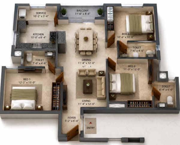 3 BHK Apartment floor plan — LML The Luxe One