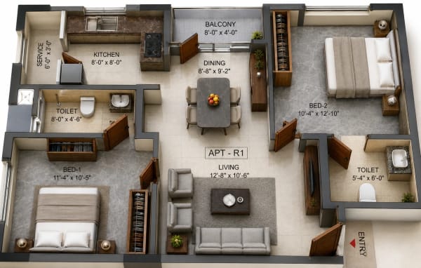 2 BHK Apartment floor plan — 977 sqft