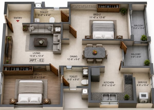 2 BHK Apartment floor plan — 1,250 sqft