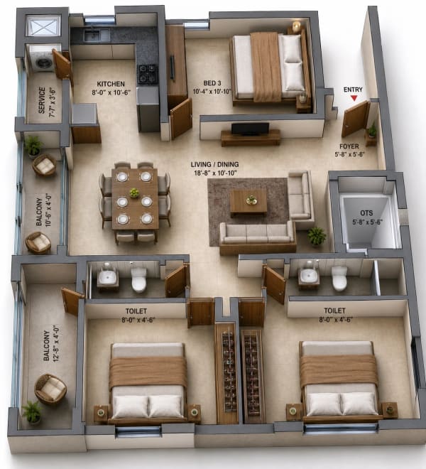 3 BHK Apartment floor plan — LML The League One