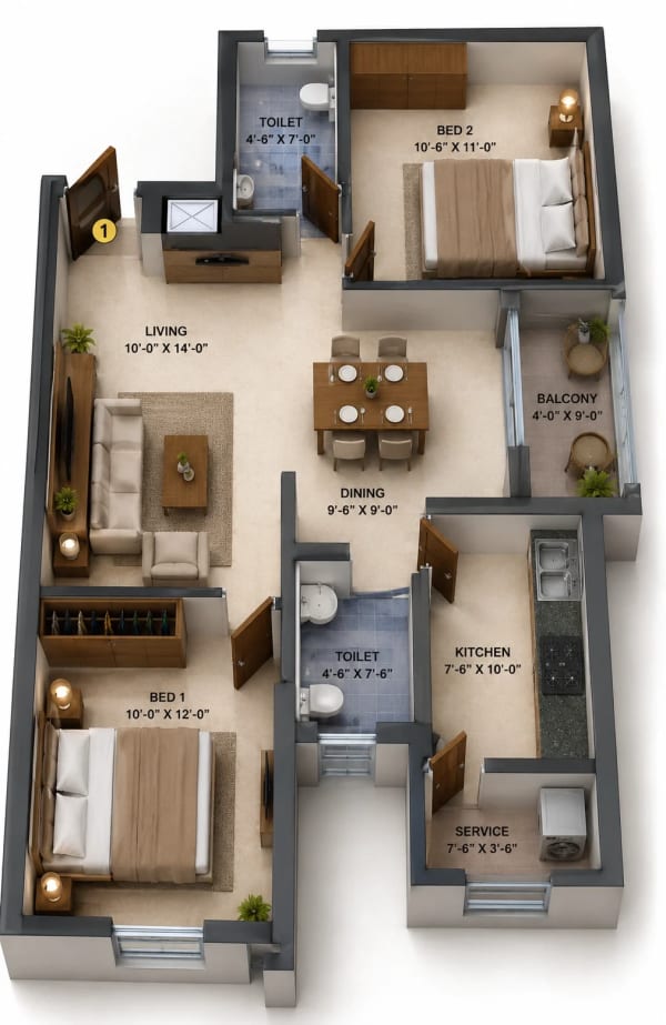 2 BHK Apartment floor plan — 1,103 sqft