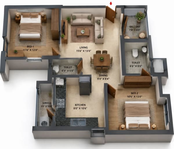 2 BHK Apartment floor plan — 1,095 sqft