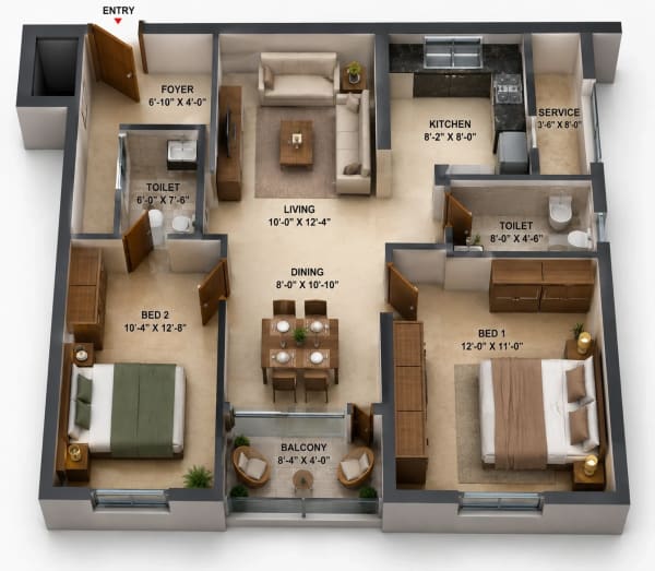 2 BHK Apartment floor plan — 1,110 sqft