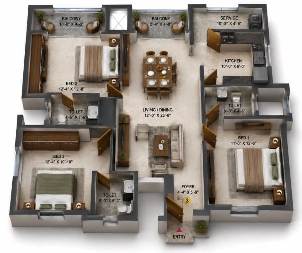 3 BHK Apartment floor plan — LML Skyliving