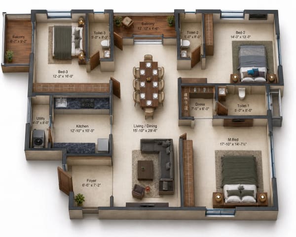 3 BHK Apartment floor plan — Kochar Gagan