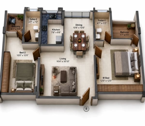 2 BHK Apartment floor plan — 1,015 sqft