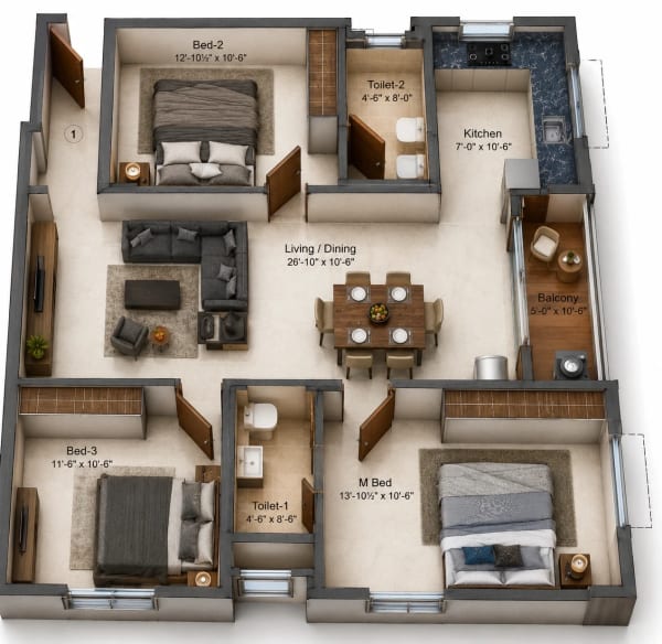 3 BHK Apartment floor plan — Kochar Gagan