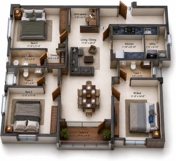 3 BHK Apartment floor plan — Kochar Gagan