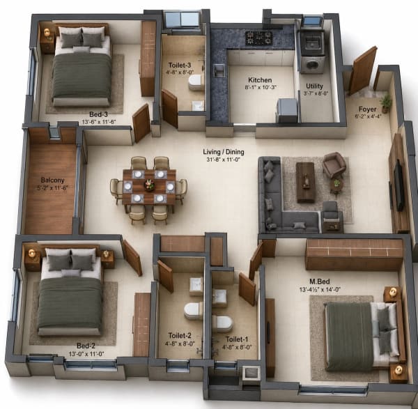 3 BHK Apartment floor plan — Kochar Gagan
