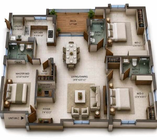 3 BHK Apartment floor plan — 1,916 sqft