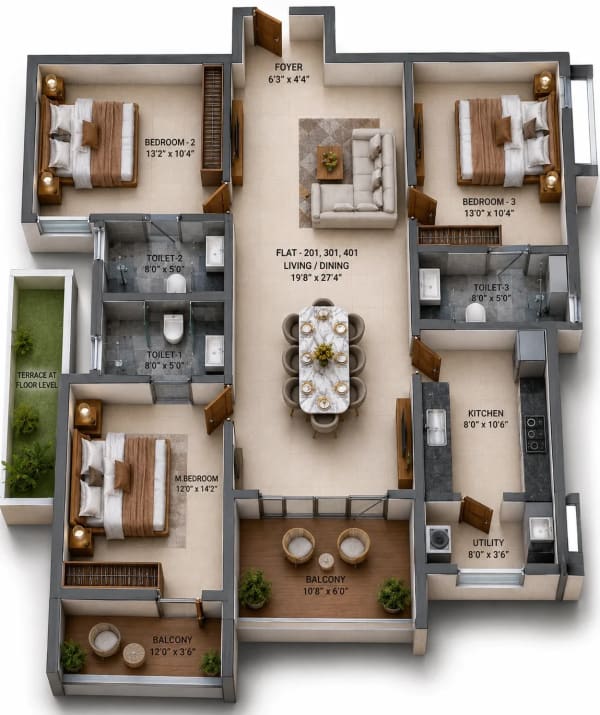3 BHK Apartment floor plan — 1,618 sqft