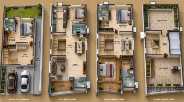 4 BHK Apartment floor plan — 3,007 sqft