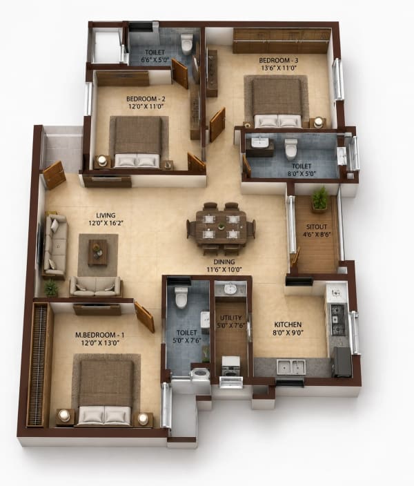 3 BHK Apartment floor plan — 1,379 sqft