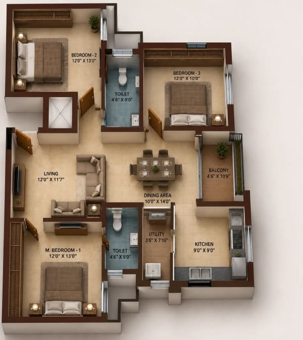 3 BHK Apartment floor plan — 1,241 sqft