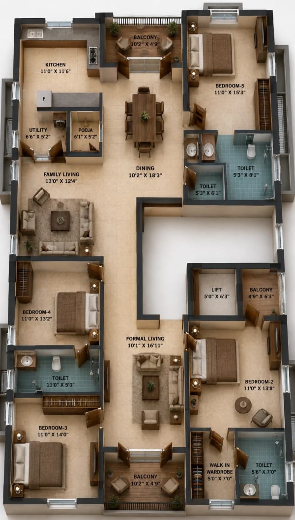 4 BHK Apartment floor plan — Lifestyle Portrait