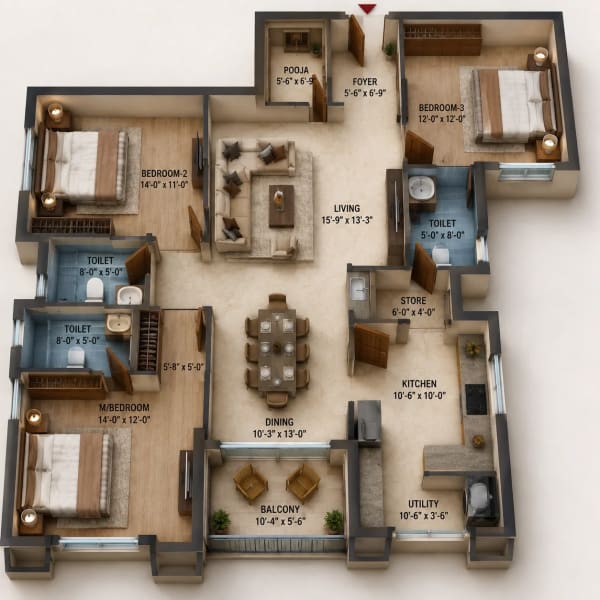 3 BHK Apartment floor plan — 1,934 sqft