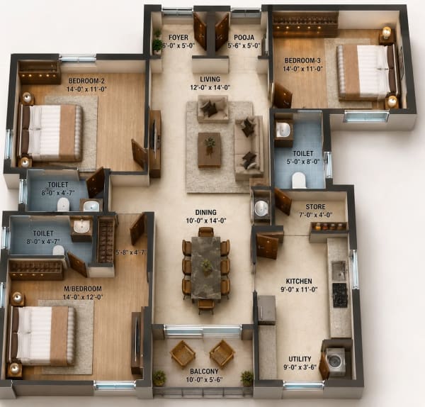 3 BHK Apartment floor plan — 1,838 sqft