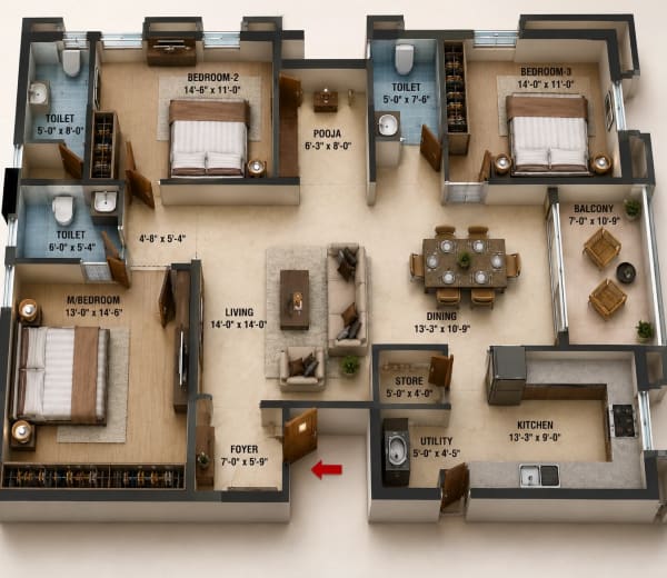 3 BHK Apartment floor plan — 2,007 sqft