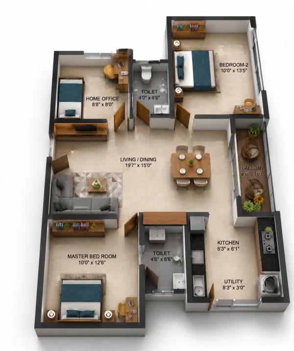 3 BHK Apartment floor plan — 1,125 sqft