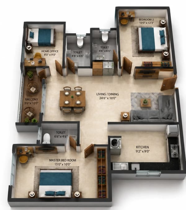 3 BHK Apartment floor plan — 1,143 sqft