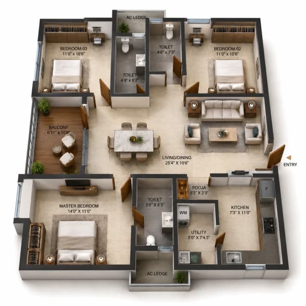3 BHK Apartment floor plan — 1,590 sqft