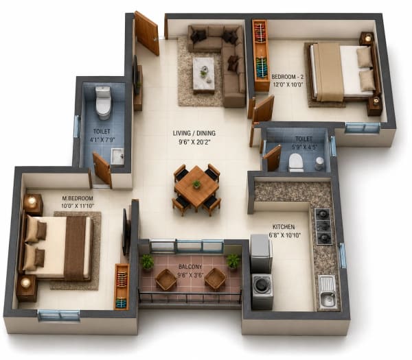 2 BHK Apartment floor plan — 583 sqft