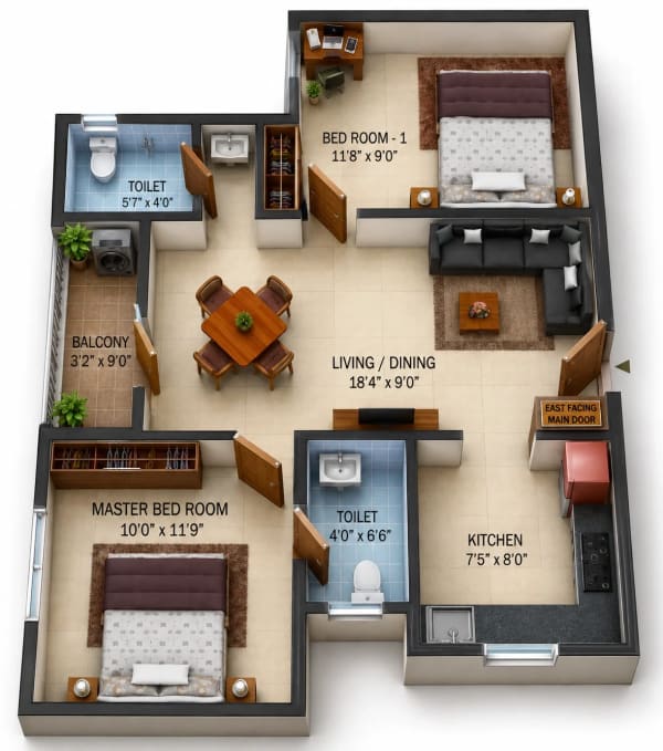 2 BHK Apartment floor plan — 730 sqft