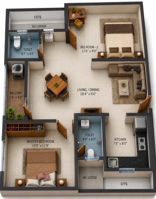 2 BHK Apartment floor plan — 888 sqft