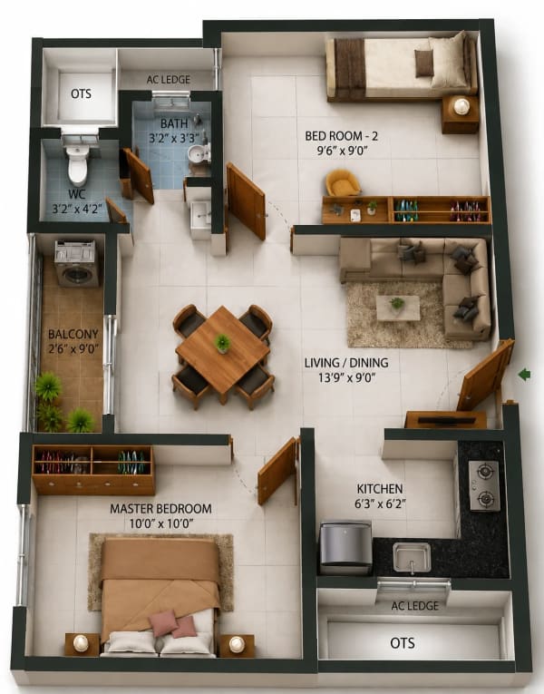 2 BHK Apartment floor plan — 663 sqft