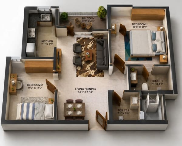 2 BHK Apartment floor plan — 747 sqft