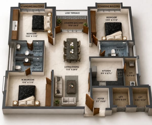 3 BHK Apartment floor plan — 1,659 sqft