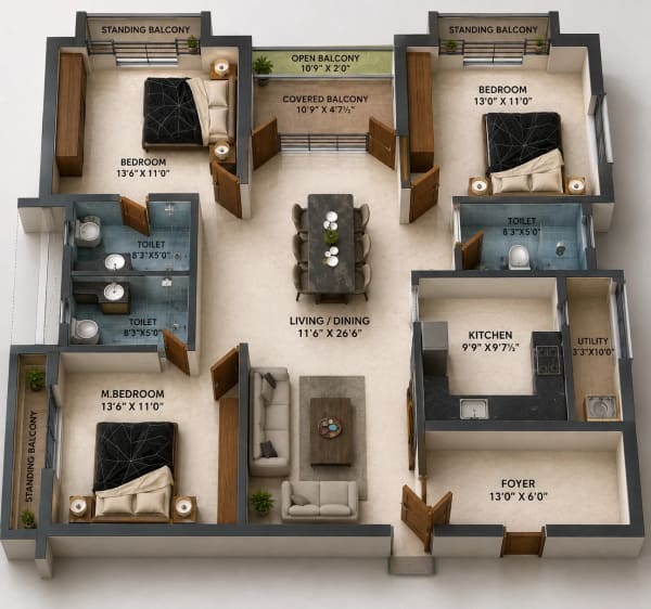3 BHK Apartment floor plan — 1,784 sqft