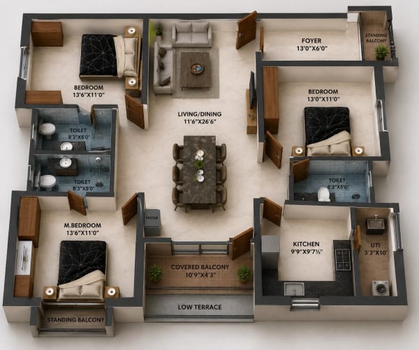 3 BHK Apartment floor plan — 1,714 sqft