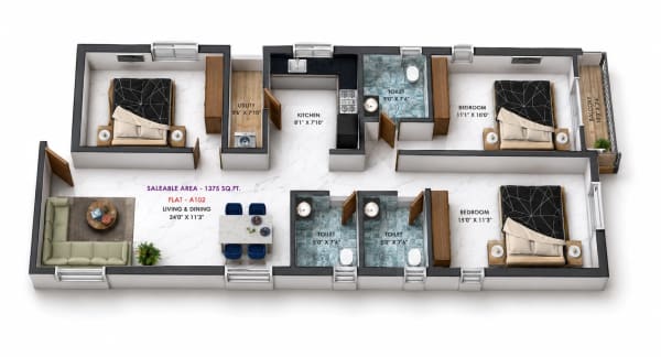 3 BHK Apartment floor plan — 1,375 sqft