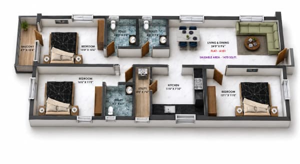 3 BHK Apartment floor plan — 1,470 sqft
