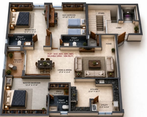 3 BHK Apartment floor plan — 1,896 sqft