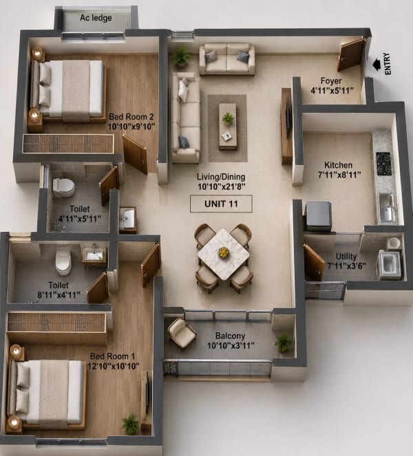 2 BHK Apartment floor plan — 1,100 sqft