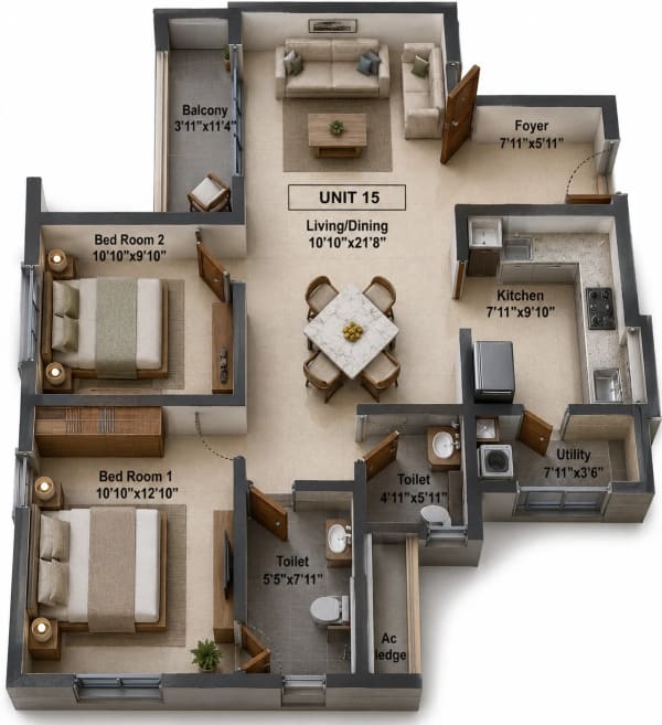 2 BHK Apartment floor plan — 1,135 sqft