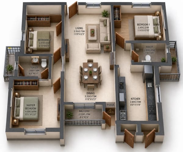 3 BHK Apartment floor plan — L and T Avinya Enclave