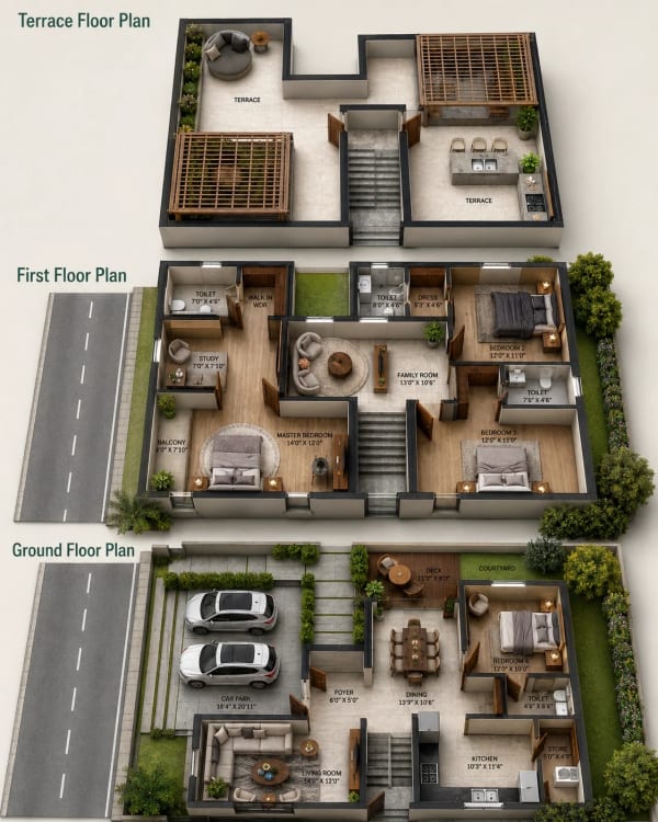 4 BHK Villa floor plan — 3,500 sqft