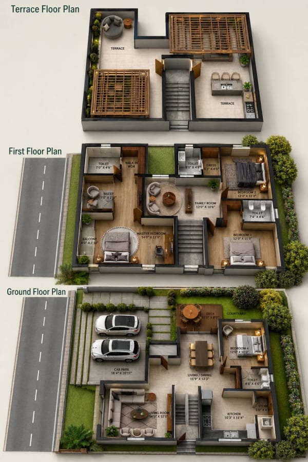 4 BHK Villa floor plan — 3,400 sqft