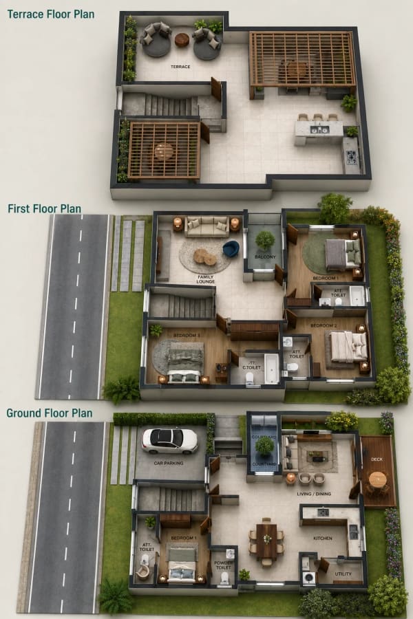 4 BHK Villa floor plan — 3,850 sqft