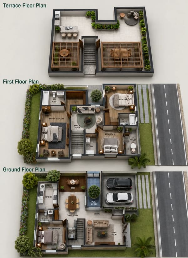 4 BHK Villa floor plan — 3,800 sqft