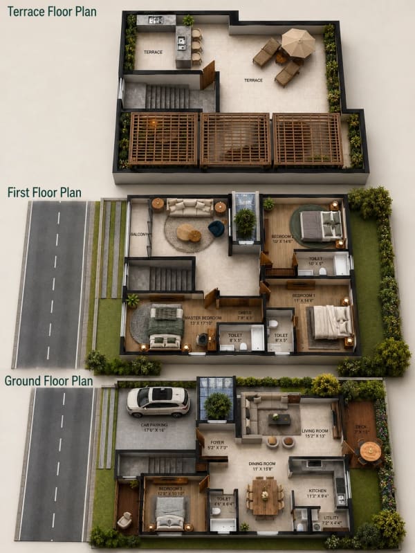 4 BHK Villa floor plan — 3,755 sqft