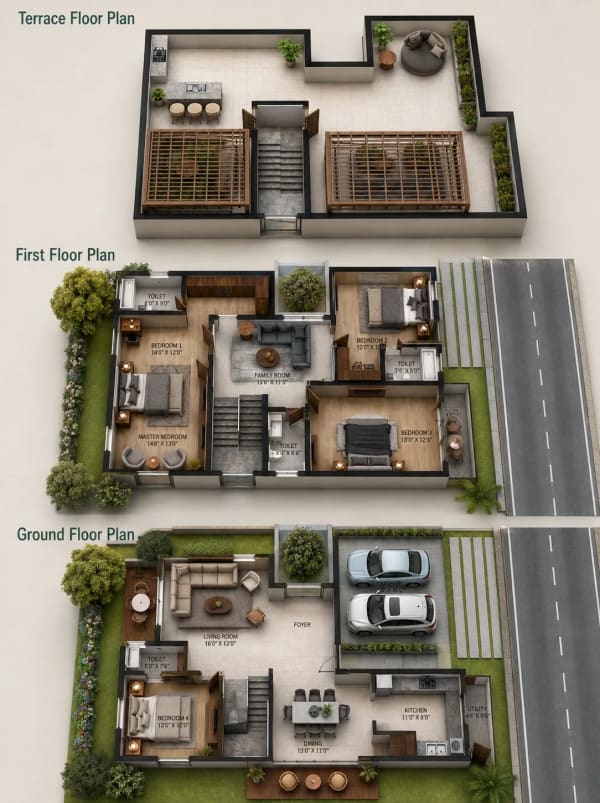 4 BHK Villa floor plan — 3,600 sqft