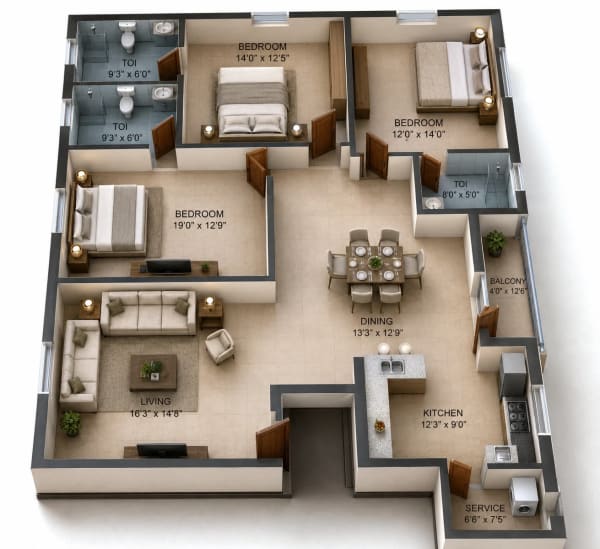 3 BHK Apartment floor plan — 1,970 sqft