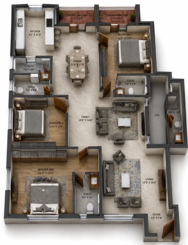 3 BHK Apartment floor plan — 1,700 sqft