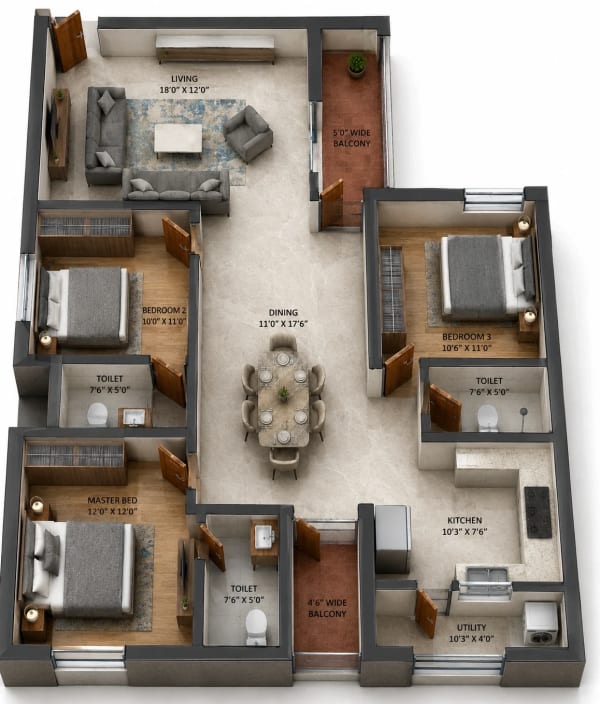 3 BHK Apartment floor plan — 1,450 sqft