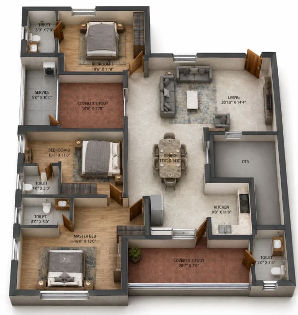 3 BHK Apartment floor plan — 1,458 sqft