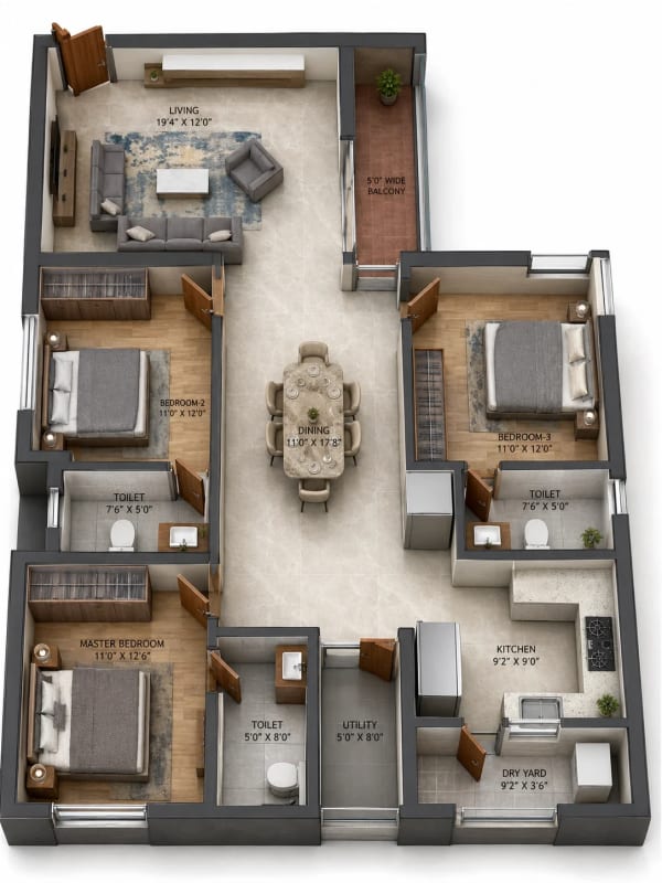 3 BHK Apartment floor plan — 1,350 sqft